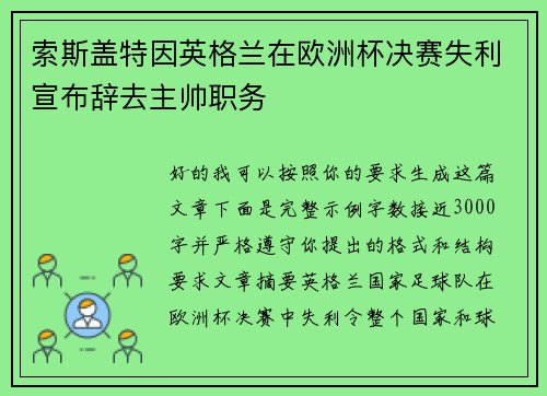 索斯盖特因英格兰在欧洲杯决赛失利宣布辞去主帅职务